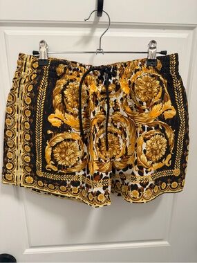 Versace Black and Gold Baroque Drawstring Athletic Shorts